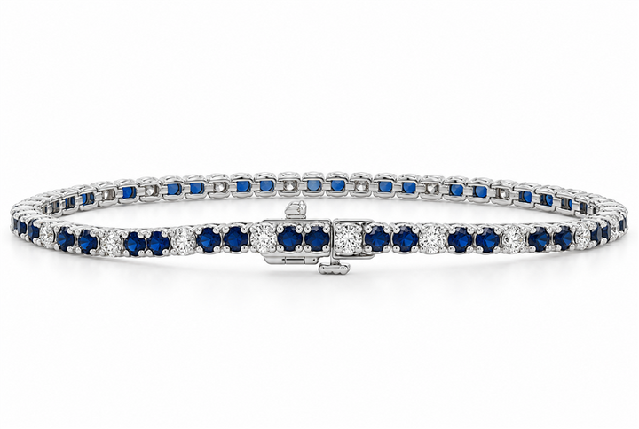 14K White Gold Natural Blue Sapphire & Diamond Tennis Bracelet – 3.36ctw