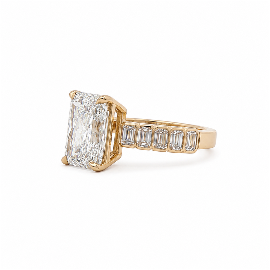 14K Yellow Gold Lab Grown Radiant Cut Diamond With Bezel Set Emerald Cut Engagement Ring – 3.93ctw.