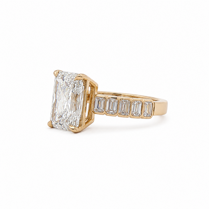 14K Yellow Gold Lab Grown Radiant Cut Diamond With Bezel Set Emerald Cut Engagement Ring – 3.93ctw.