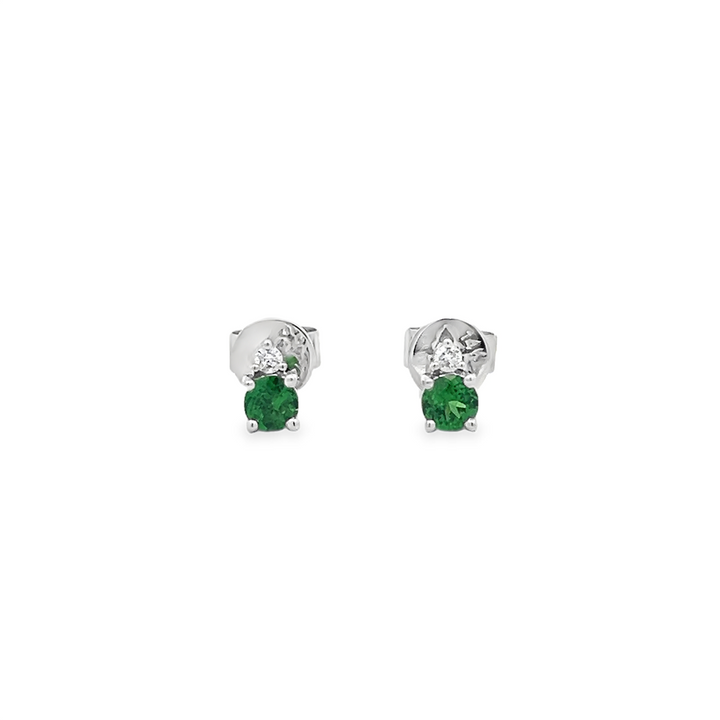 14K White Gold Two-Stone Stud Earrings – Diamonds 0.06ctw. & Tsavorite Garnets 0.50ctw.