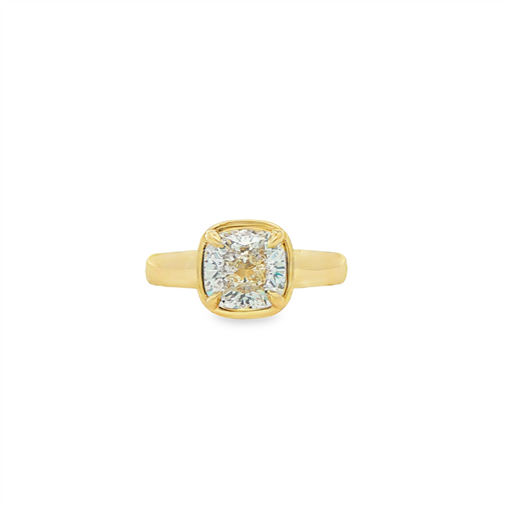 18K Yellow Gold 2.22ct Natural Cushion Cut Diamond Bezel Engagement Ring
