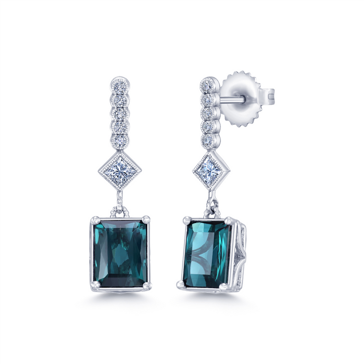 14K White Gold Blue Green Tourmaline & Diamond Earrings