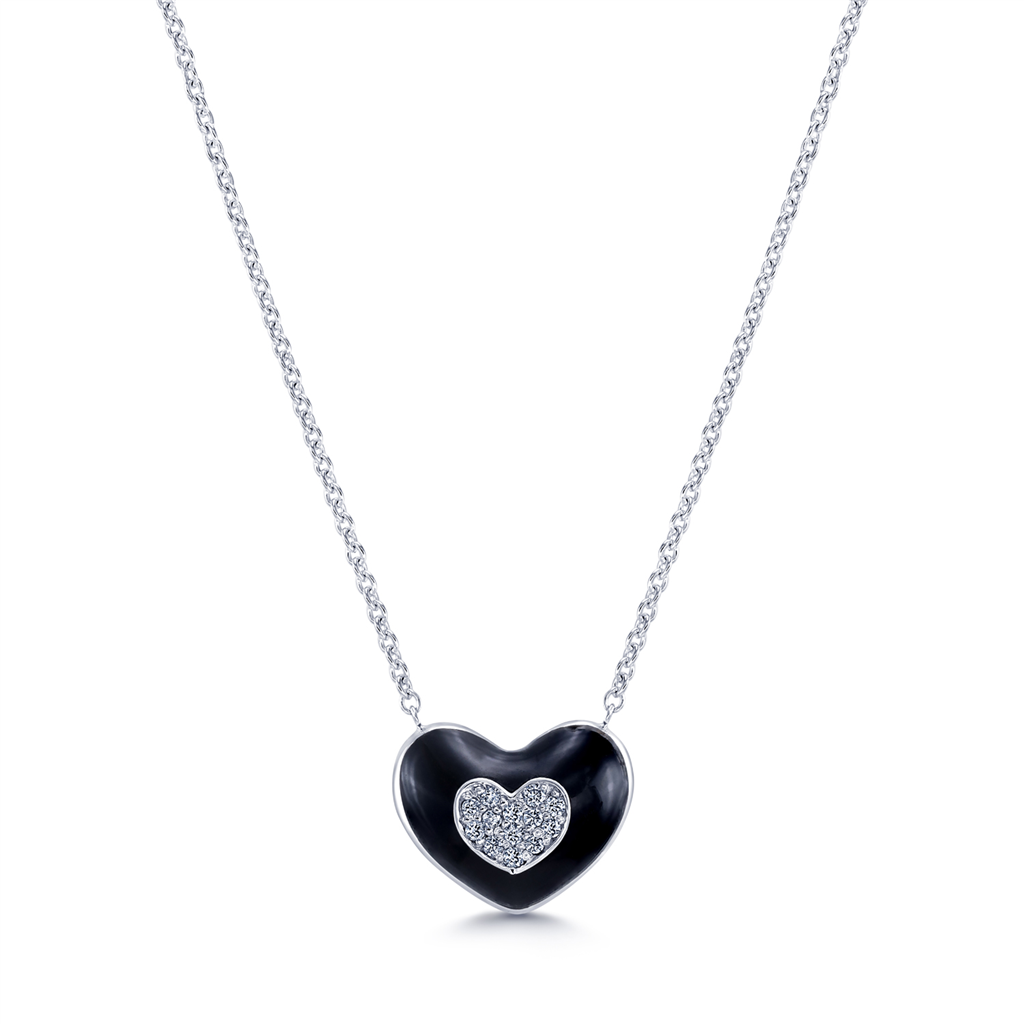 18K White Heart Necklace with Black Enamle & Diamonds 0.09ctw.