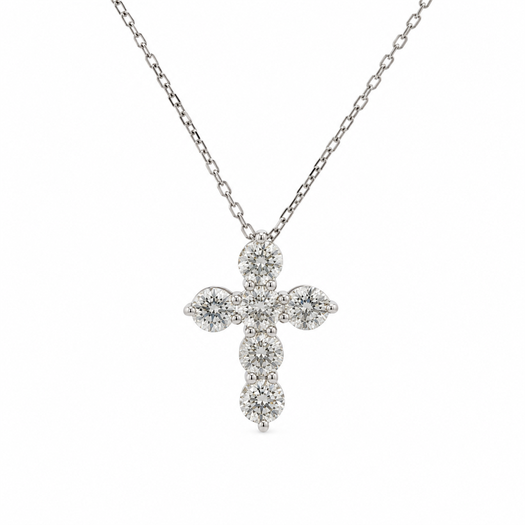 14K White Gold Natural Diamond Bubble Cross Pendant – 0.92ctw