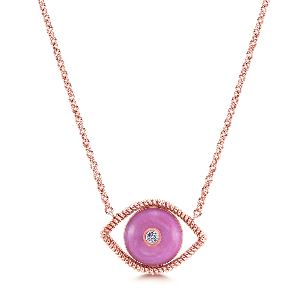 18K Rose Gold Natural Diamond Evil Eye Necklace - 0.03ctw.