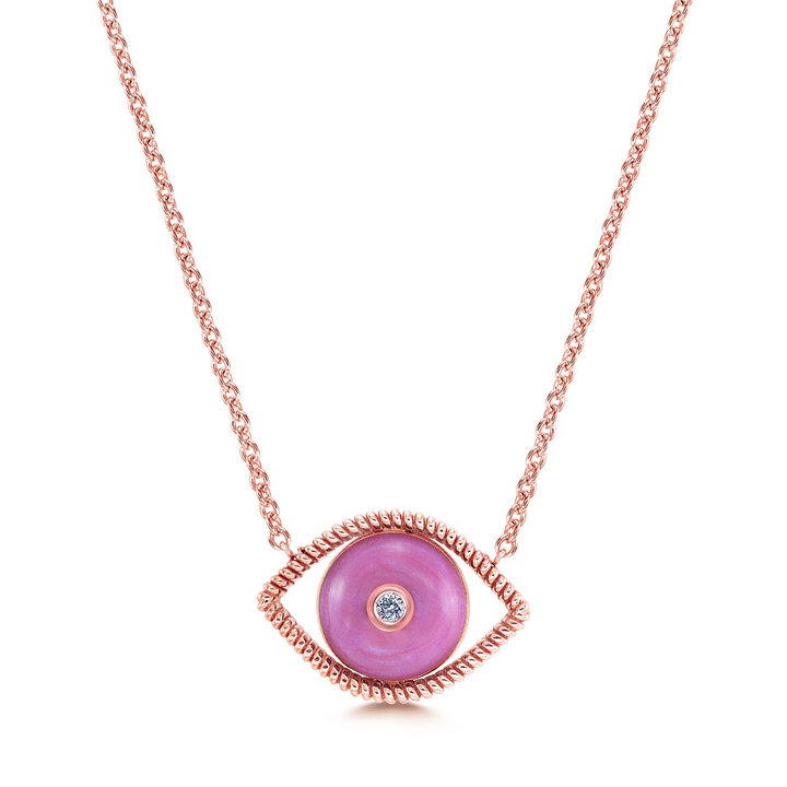 18K Rose Gold Natural Diamond Evil Eye Necklace - 0.03ctw.