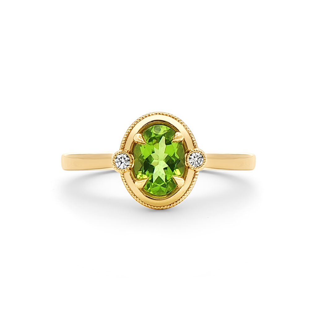 14K Yellow Gold Peridot & Natural Diamond Ring