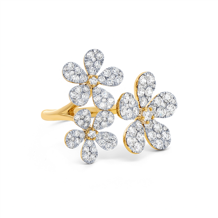 18K Yellow Gold Three Flower Natural Diamond Ring – 1.66ctw