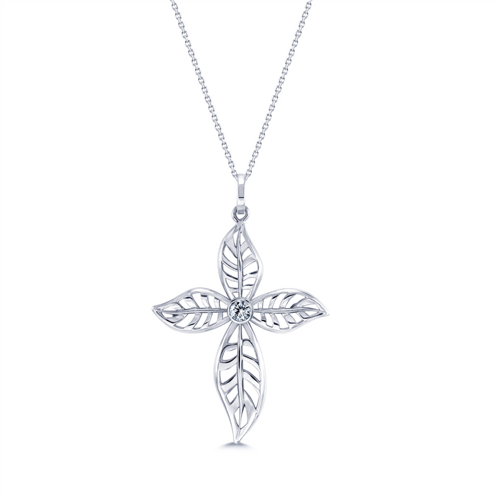 18K White Gold Leaf Cross Diamond Pendant