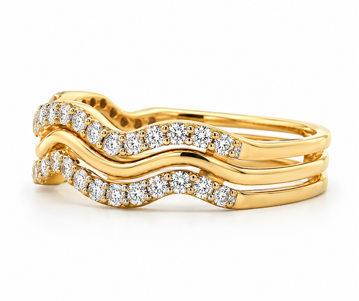 14K Yellow Gold Three-Row Natural Diamond Wave Ring – 0.51ctw