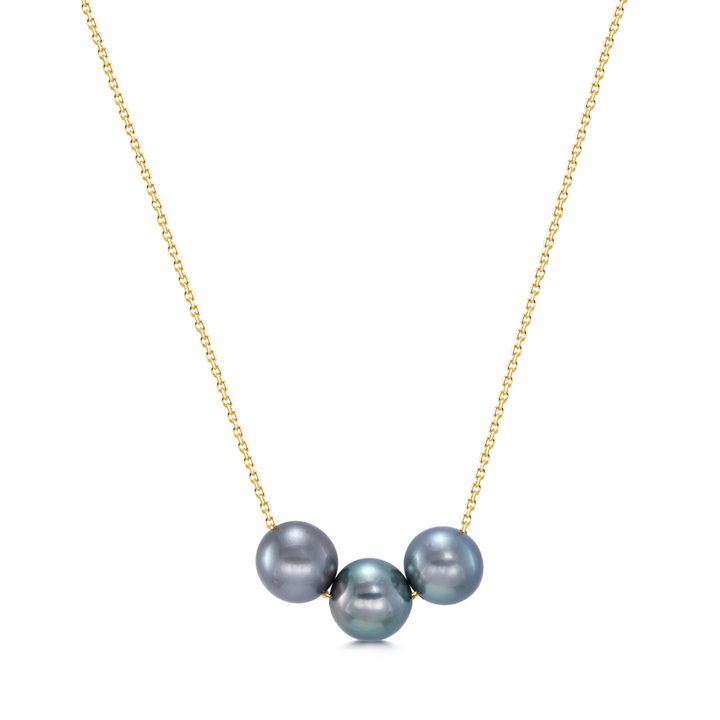 14K Yellow Gold Diamond Cut Rolo Chain With Three Tahitian Pearls