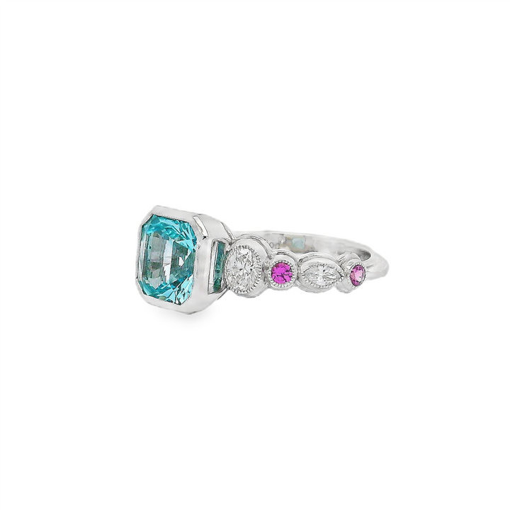 14K White Gold Topaz Ring – 2.51ct Center with Diamonds & Pink Sapphires