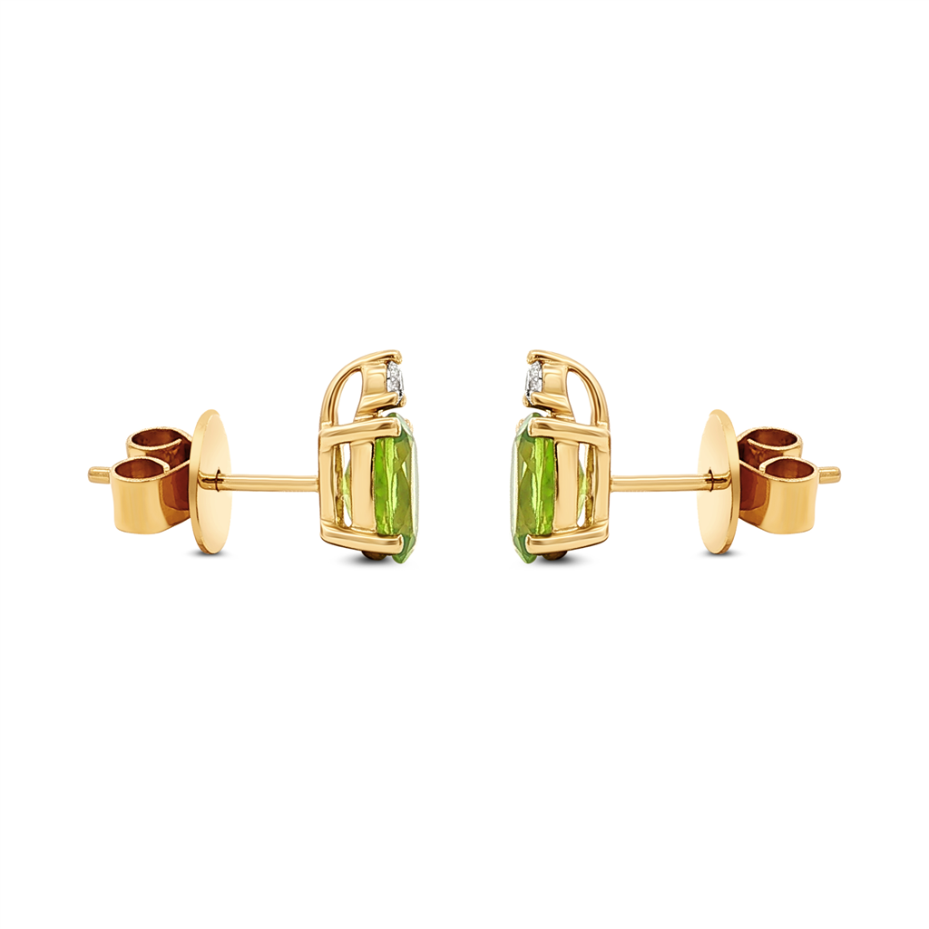 14K Yellow Gold 7x5mm Peridot Stud Earrings with Diamonds – 0.08ctw.