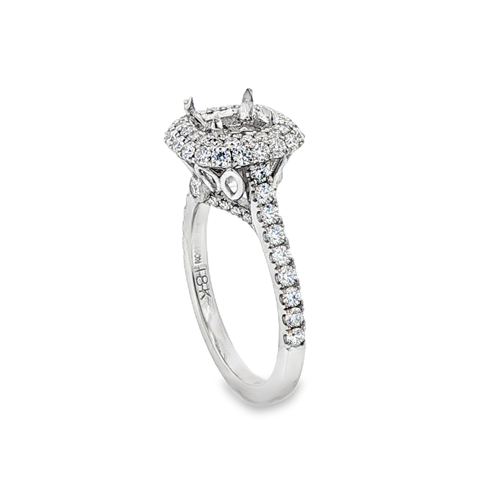 18K White Gold Halo Semi-Mount Engagement Ring – 0.87ctw.