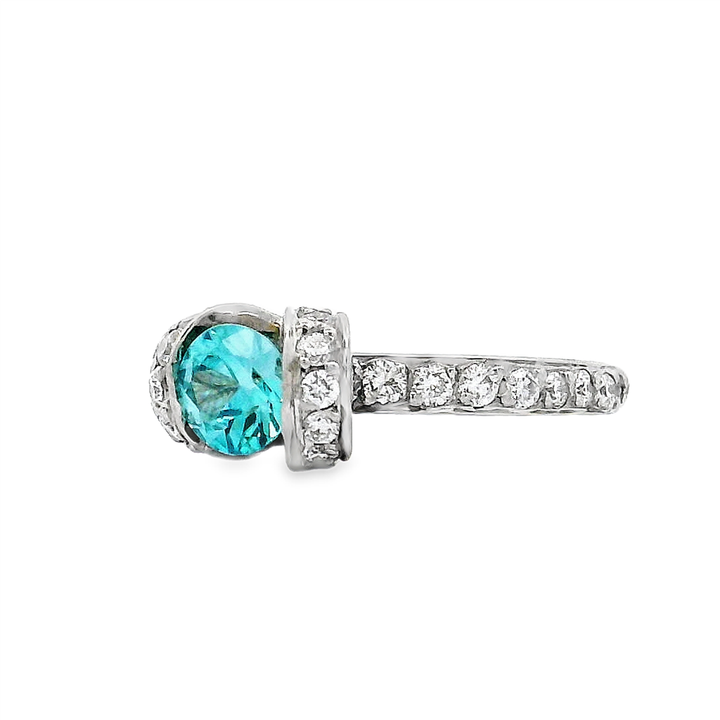 Platinum Blue Zircon & Diamond Loop Ring – 0.77ct Zircon, 0.45ctw Diamonds