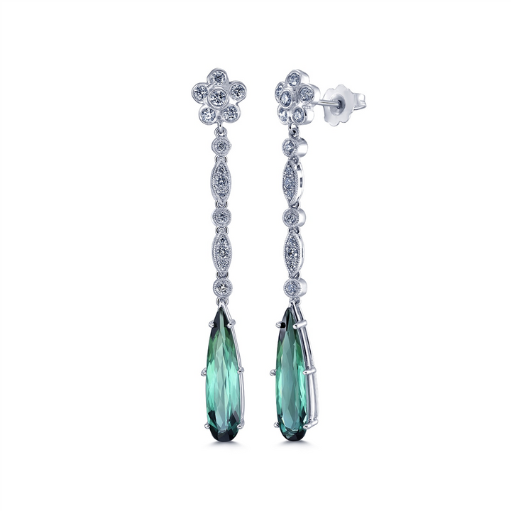 18K White Gold Dangling Tourmaline & Diamond Earrings