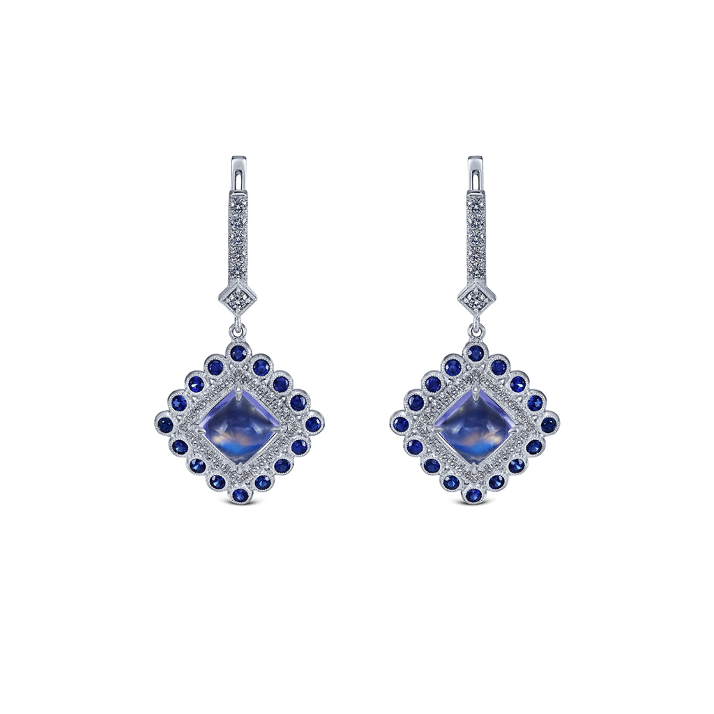 14K White Gold Blue Moonstone Sapphire & Diamond Earrings