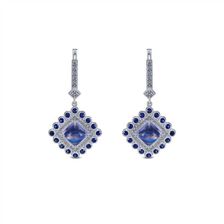 14K White Gold Blue Moonstone Sapphire & Diamond Earrings