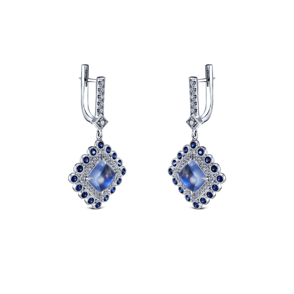 14K White Gold Blue Moonstone Sapphire & Diamond Earrings