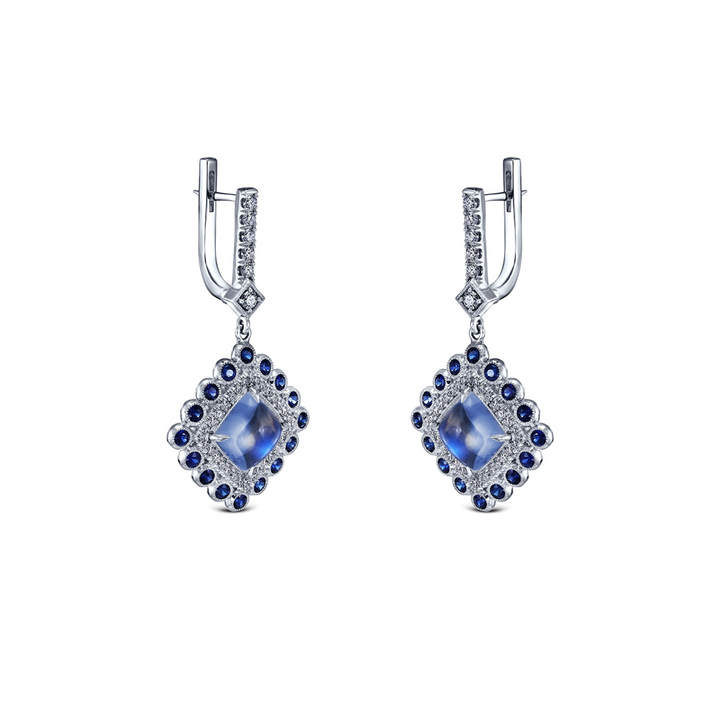 14K White Gold Blue Moonstone Sapphire & Diamond Earrings