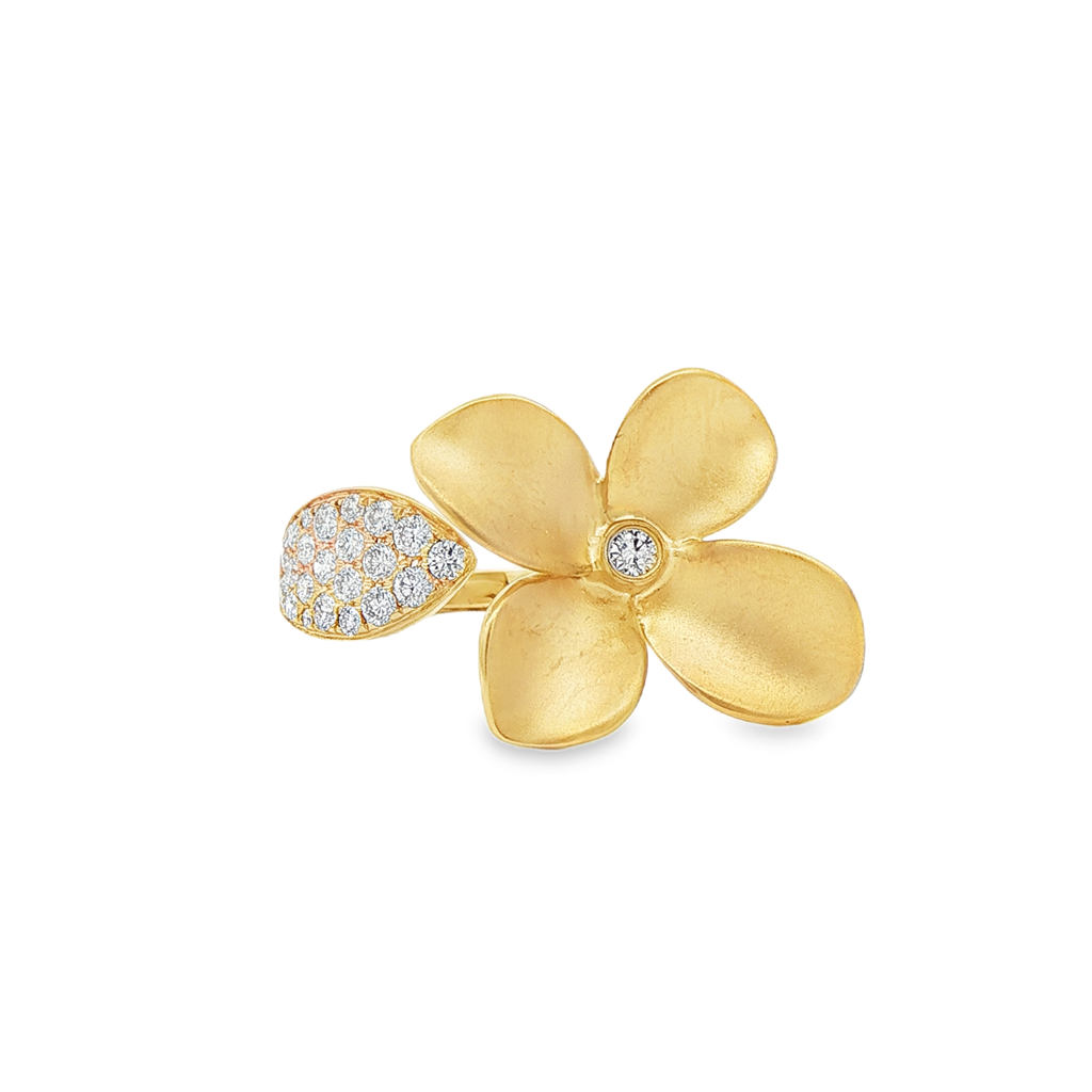 18K Yellow Gold 0.42ctw Natural Diamond Flower & Leaf Ring