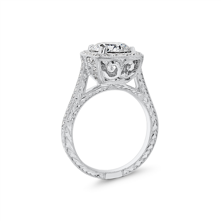 18K White Gold Hand-Engraved Cushion Halo Natural Diamond Semi-Mount Engagement Ring
