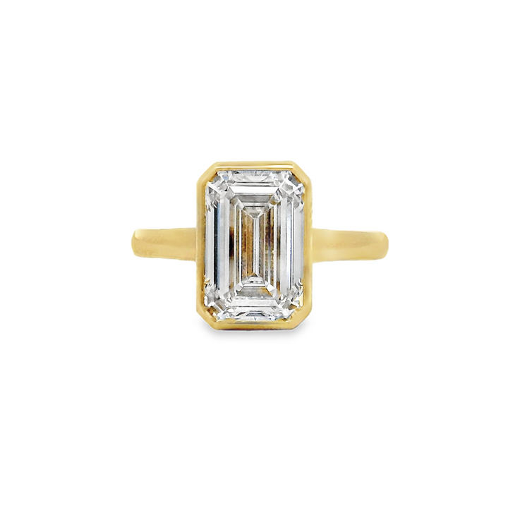 14K Yellow Gold Lab Grown Emerald Cut Diamond Ring with Bezel-Set Center and Hidden Lab Grown Diamond Halo – Center 4.01ct.