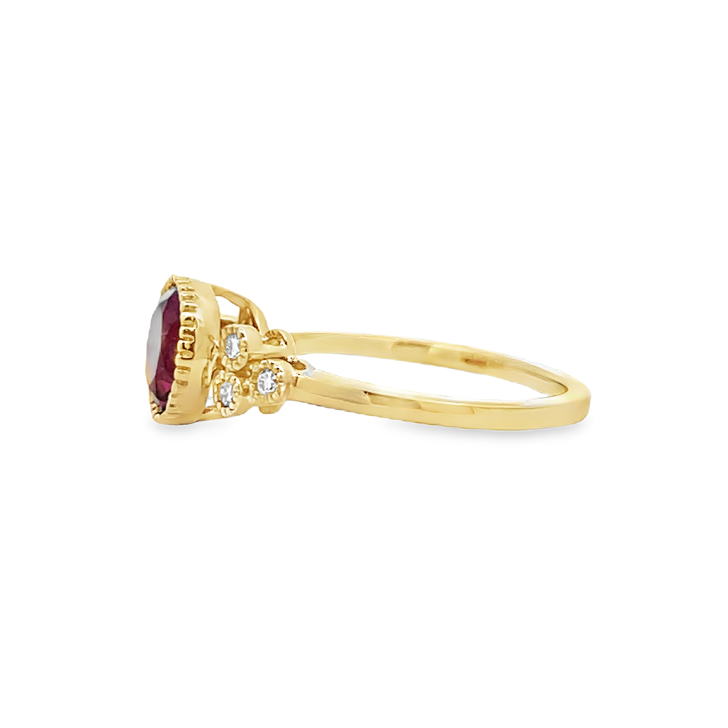 14K Yellow Gold Round Rhodolite Garnet & Diamond Ring – 7mm, 0.09ctw Diamonds