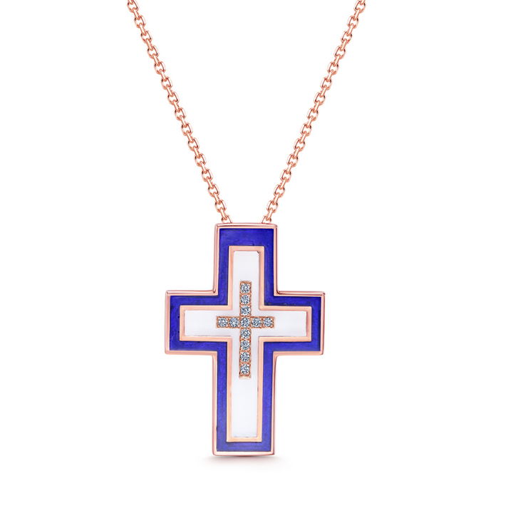 18K Rose Gold Enamel Floating Cross Pendant With Diamonds 0.06ctw.