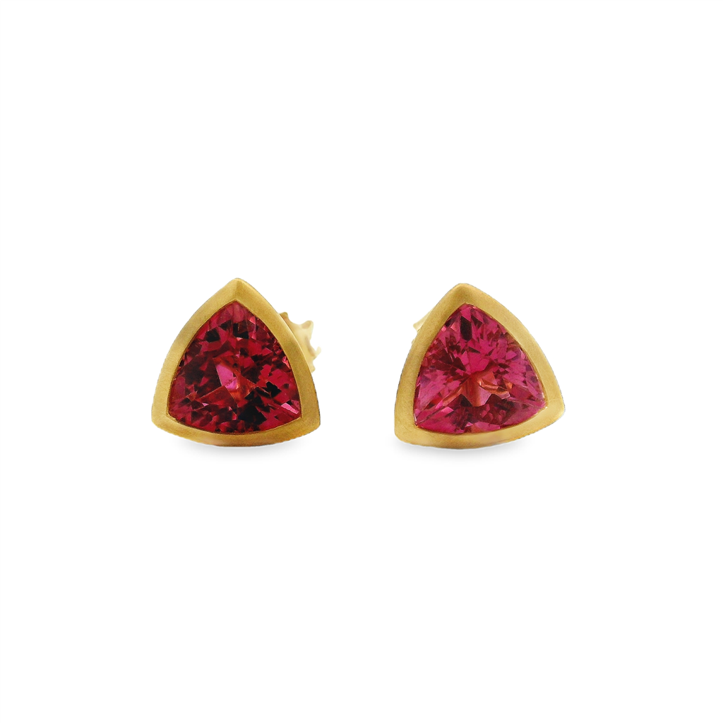 18K Yellow Gold Trillion-Cut Pink Tourmaline Bezel Stud Earrings – 2.59ctw.