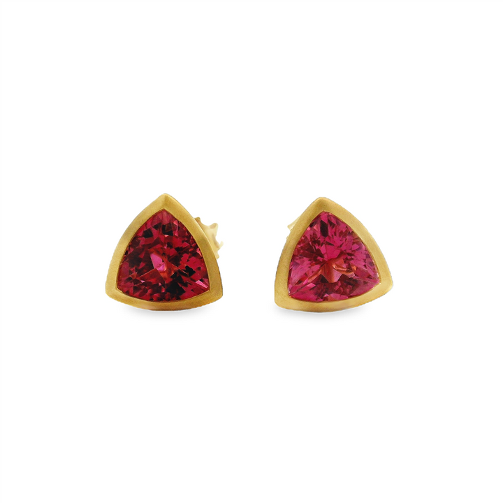 18K Yellow Gold Trillion-Cut Pink Tourmaline Bezel Stud Earrings – 2.59ctw.