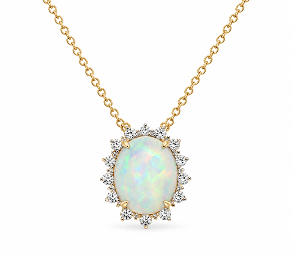 14K Yellow Gold & Platinum Ethiopian Opal and Diamond Halo Pendant Necklace – 3.77ctw