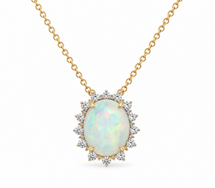 14K Yellow Gold & Platinum Ethiopian Opal and Diamond Halo Pendant Necklace – 3.77ctw