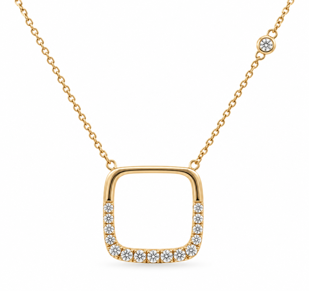 14K Yellow Gold Natural Diamond Open Square Necklace with Bezel Accent – 0.40ctw