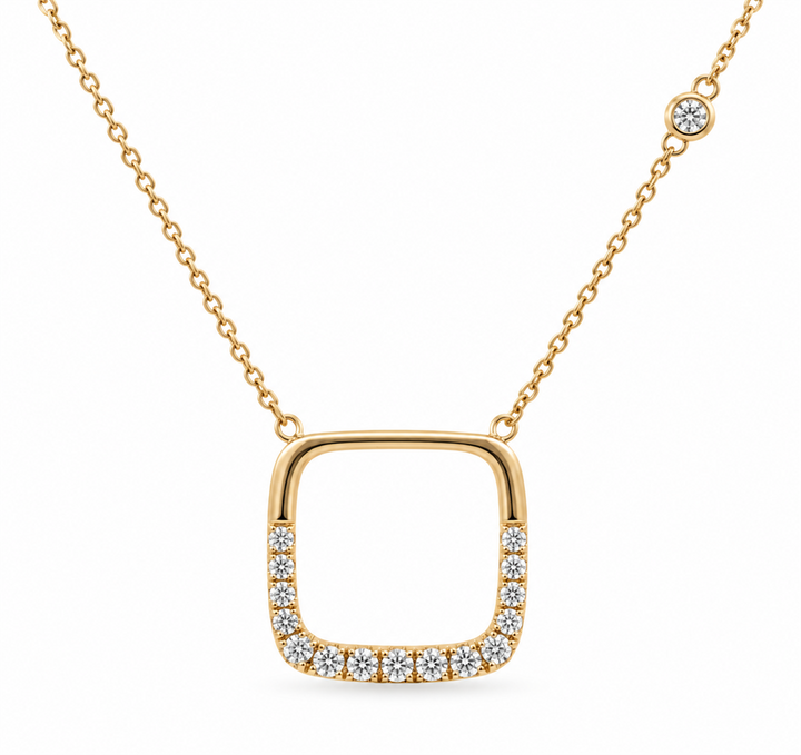 14K Yellow Gold Natural Diamond Open Square Necklace with Bezel Accent – 0.40ctw