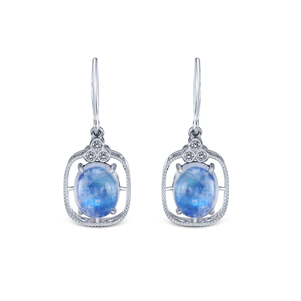 14K White Gold Moonstone & Diamond Earrings