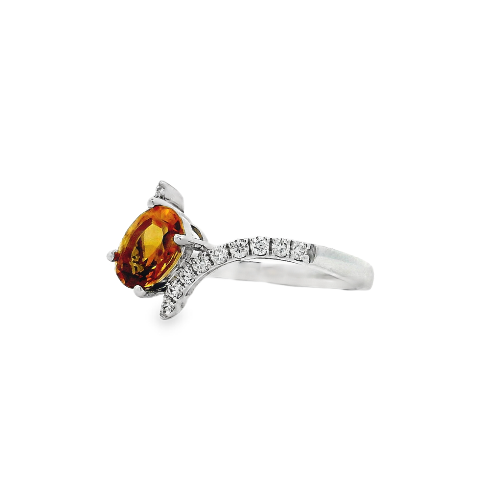 14K White Gold Oval Citrine & Natural Diamond Ring