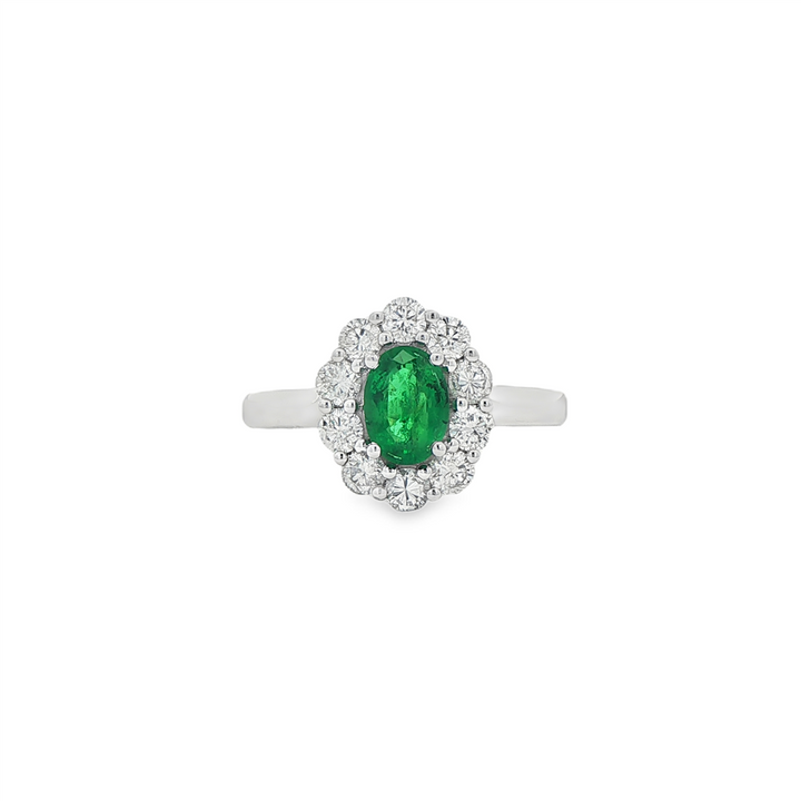 18K White Gold Emerald & Diamond Ring – 7x5mm Emerald, 0.74ctw Diamonds