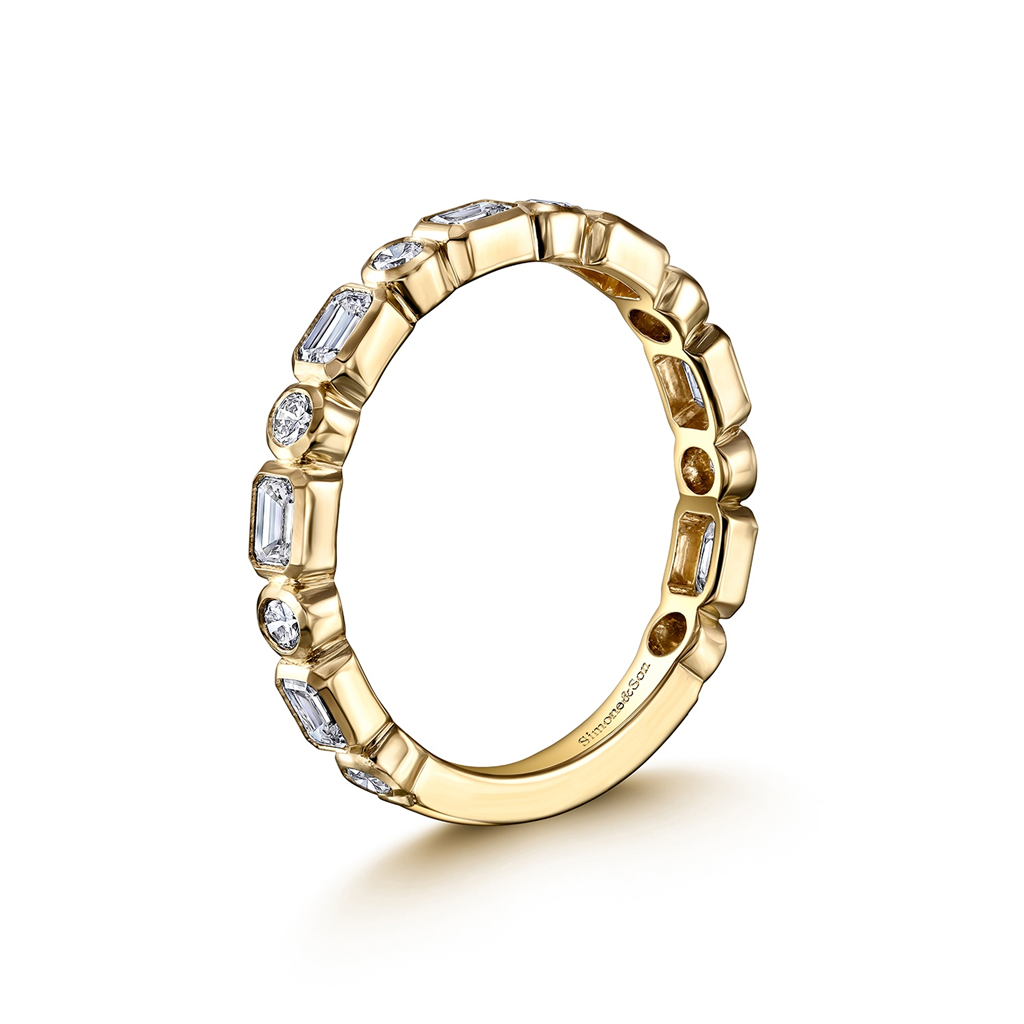 14K Yellow Gold Smooth Bezel Round and Emerald Cut LAB Diamond 2/3 Wedding Band 0.79ctw.