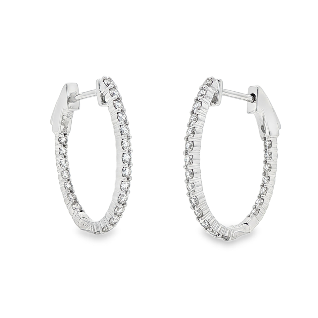14K White Gold 24x1.9mm Oval Natural Diamond Hoop Earrings – 0.99ctw