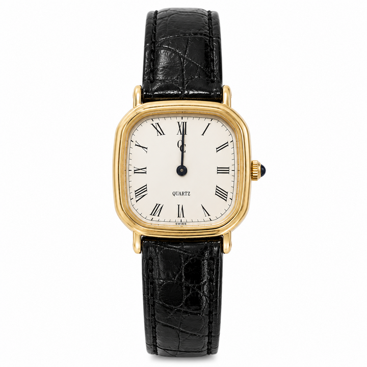 Concord 27mm Yellow Gold Quartz Watch White Roman Dial on Black Leather Strap with Box