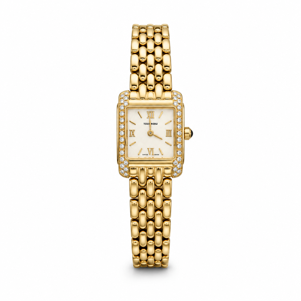 Ladies 18K Yellow Gold Tourneau Watch with Mother-of-Pearl Dial & Diamond Bezel – 20mm