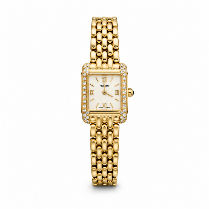 Ladies 18K Yellow Gold Tourneau Watch with Mother-of-Pearl Dial & Diamond Bezel – 20mm