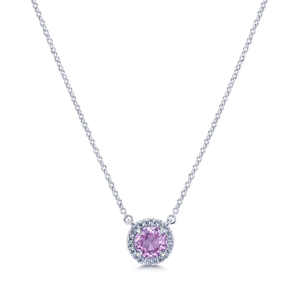 14K White Gold 0.89ct Pink Sapphire Halo Pendant