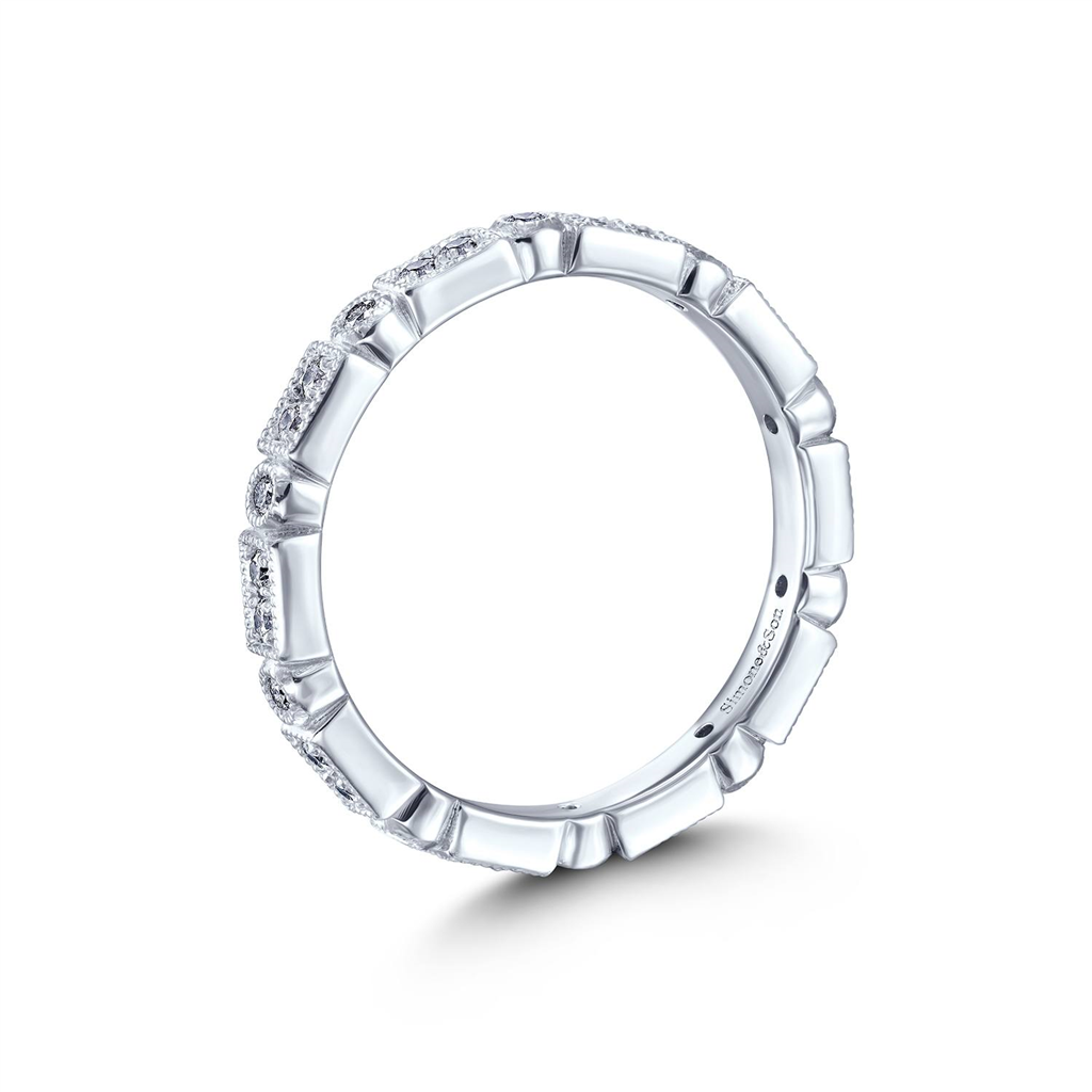 14K White Gold Rectangle and Round Diamond Milgrain Wedding Band - 0.36ctw.