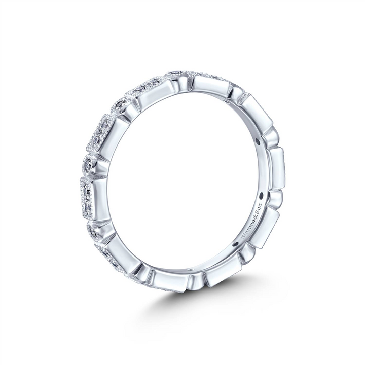 14K White Gold Rectangle and Round Diamond Milgrain Wedding Band - 0.36ctw.