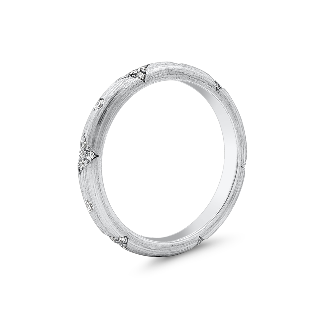 14K White Gold Round Lab Grown Diamond Star Wedding Band with Brushed Finish