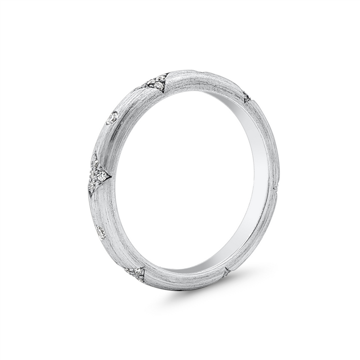14K White Gold Round Lab Grown Diamond Star Wedding Band with Brushed Finish
