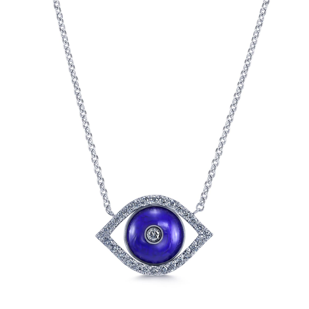 18K White Gold Evil Eye Blue Enamle & Diamond Necklace 0.30ctw.