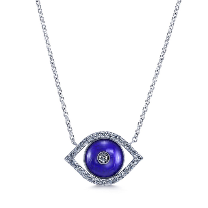 18K White Gold Evil Eye Blue Enamle & Diamond Necklace 0.30ctw.